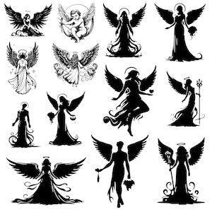 May include: A collection of 12 black and white silhouette illustrations of angels with wings. The angels are depicted in various poses, some with halos, some holding objects, and some with flowing robes.