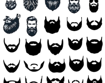 Paquete de svg de barba, clipart de barba, vector de cara de barba, calcomanía de barba larga, archivos de corte de bigote, silueta de peluquero.