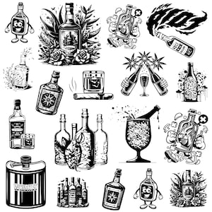 May include: Black and white illustrations of various bottles of whisky, spirits, and wine. Some bottles are cartoon characters with arms and legs. The illustrations include a glass of whisky, a cigar, and a flask.