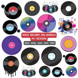 May include: A collection of colorful vinyl record designs in various styles. The image includes records with different color schemes, some with turntables, and text that reads "VINYL RECORD SVG BUNDLE 14+ DESIGNS SVG - PNG - DXF - EPS - PDF".