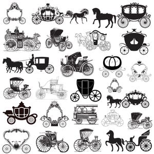 Paquete de svg de carruaje, clipart de carruaje de caballos, vector de carruaje, calcomanía de carruaje vintage, archivos de corte de carruaje de caballos de princesa, silueta de carruaje