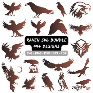 May include: A collection of brown raven and eagle designs in various poses. The image includes a banner that reads "Raven SVG Bundle 49+ Designs" with file type options below. The designs include ravens in flight, perched, and stylized eagle heads.