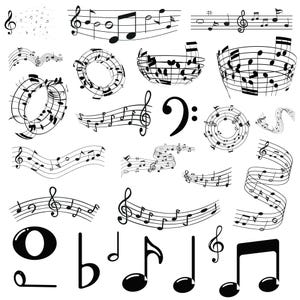 May include: A collection of black musical notes and symbols, including treble clefs, bass clefs, quarter notes, eighth notes, and a musical staff. The notes are arranged in various patterns and designs, including swirls, circles, and lines.