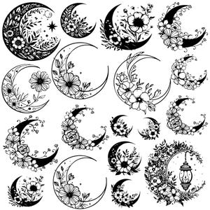 Floral Mond SVG-Bundle, Floral Mond Clipart, Mond Blume SVG-Schnittdateien, mystische Mond SVG, Wildblumen SVG, Boho SVG-Dateien für Cricut.