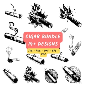 May include: A collection of black and white digital illustrations of cigars. The image shows lit cigars with smoke, cigars with flames, and the text "Cigar Bundle 14+ Designs" with file type options.