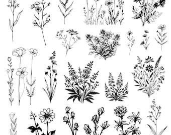 Paquete SVG de flores silvestres, Prado de flores SVG, Borde de flores SVG, Ramo de flores minimalista, Clipart de flores silvestres, Boceto de flores SVG, PNG