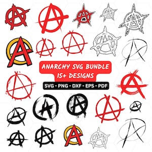 Op de afbeelding: Een verzameling anarchie-symbolen in rood, zwart en wit. De ontwerpen omvatten het A-symbool in een cirkel en variaties. Tekst luidt "ANARCHY SVG BUNDLE 15+ DESIGNS" met bestandstype-opties: SVG, PNG, DXF, EPS en PDF.