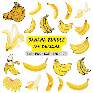 May include: A collection of yellow banana illustrations in various styles, including peeled and unpeeled versions. The image includes the text "BANANA BUNDLE 17+ DESIGNS" and file type options: SVG, PNG, DXF, EPS, and PDF.