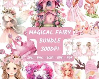 Watercolor magical Garden Fairies Clipart, Fairytale House magic pink, Cute nature fairies Forest Birthday Bundle for Fantasy Illustrations