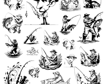 Fisherman svg Bundle, Fishing Clipart, Fisherman Vector, Fishing Decal, Big Fish Cut Files, Fisherman Silhouette.
