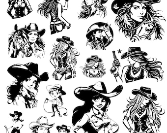 Cowgirl SVG-paket, Cowgirl-stövlar-svg, Cowgirl-hatt-svg, Let's Go-flickor-svg, Disco-cowgirl-svg, Koskalle-svg, Western-svg, Horshshoe-svg