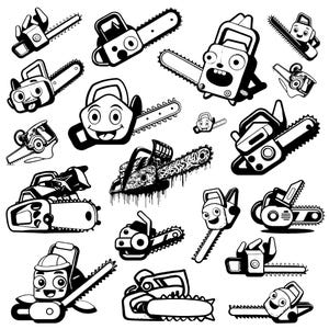 Puede incluir: Una ilustración en blanco y negro de varias motosierras de dibujos animados con caras sonrientes. Las motosierras tienen diferentes diseños y características, incluyendo un mango, una cuchilla y una cadena.