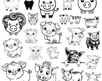 Pig SVG Bundle, Cute Piglet Clipart PNG, Farm Animal Vector, Kawaii Pig Design, Cricut Cut Files, Sublimation Art for Crafts, PNG