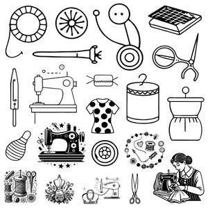 Puede incluir: Ilustración en blanco y negro de herramientas y equipos de costura. Incluye una máquina de coser, tijeras, carretes de hilo, un maniquí y una mujer cosiendo. La imagen tiene una estética vintage y artesanal.