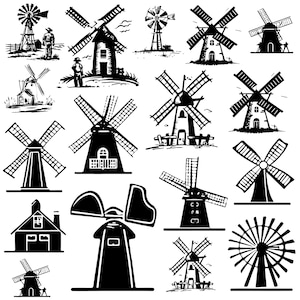 Może przedstawiać: Czarno-biała ilustracja różnych wzorów wiatraków. Wiatraki są przedstawione w różnych stylach i rozmiarach, niektóre z łopatami, żaglami i tradycyjną holenderską architekturą.
