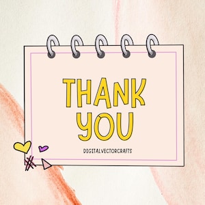 Op de afbeelding: Een roze en witte kaart met een spiraalbinding aan de bovenkant. De kaart zegt "THANK YOU" in gele letters met een zwarte omtrek. De tekst "DIGITALVECTORCRAFTS" staat onderaan de kaart.