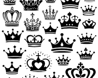 May include: A collection of black crown illustrations in various designs. The crowns vary in size and style, with details like fleur-de-lis, hearts, and ornate patterns. The crowns are set against a white background.