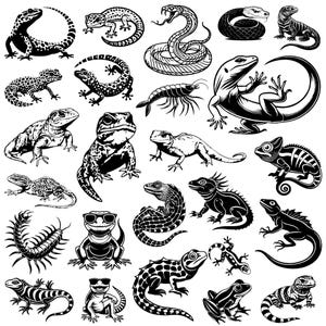 Peut inclure: Ensemble d'illustrations en noir et blanc de reptiles et d'amphibiens. Les images présentent des lézards, des serpents, un caméléon et une grenouille, tous dessinés de manière détaillée et stylisée. Parfait pour des projets de design graphique.