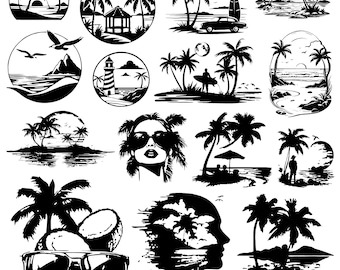 Beach Scene svg Bundle, Beach Clipart, Summer Beach Vector, Beach Scene Decal, Beach Scene Cut Files, Beach Silhouette, Instant Download.