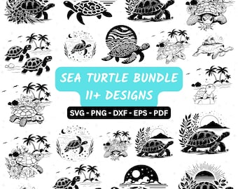 May include: A collection of black and white sea turtle designs. The designs include turtles with floral accents, under the sun, and near palm trees. Text reads "SEA TURTLE BUNDLE 11+ DESIGNS" and "SVG - PNG - DXF - EPS - PDF".