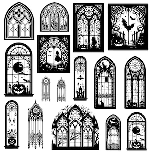May include: A collection of 15 black and white silhouette images of gothic style windows. The windows are various shapes and sizes, with some featuring intricate details like stained glass and arches.