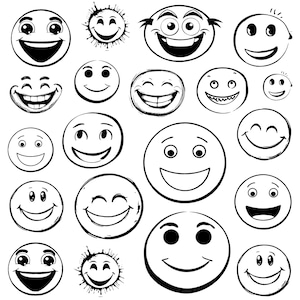 May include: A collection of 20 black and white hand-drawn smiley faces with different expressions. The faces are drawn in a simple, cartoon style.