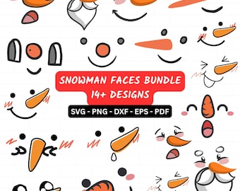 May include: A collection of cartoon snowman faces with various expressions, featuring orange carrot noses, black eyes, and rosy cheeks. The image includes text that reads "SNOWMAN FACES BUNDLE 14+ DESIGNS".