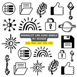 Puede incluir: Una colección de iconos de línea minimalistas en blanco y negro, que incluyen un sol, un candado, una carpeta y un pulgar hacia arriba. El texto "MINIMALIST LINE ICONS BUNDLE" se muestra con "14+ DESIGNS" y opciones de tipo de archivo.