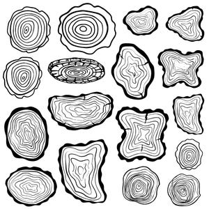 May include: A collection of black and white illustrations of tree cross-sections. Each piece showcases the concentric rings of a tree trunk, with varying shapes and sizes. The designs are detailed and artistic, suitable for decorative purposes.