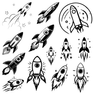 May include: A set of 12 black and white illustrations of rockets in various poses, including launching, flying, and landing. The rockets are all stylized and have a retro look.