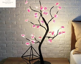 Luminária em formato de árvore de cerejeira | Luz LED para bonsai | Luminária em formato de árvore de cerejeira rosa com sensor de toque e alimentação USB