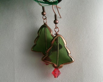 Christmas Tree Glass Earrings with Beautiful Green Glass and Crystal Red Elegant glass Bead