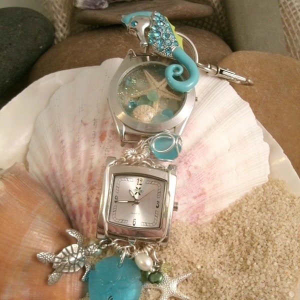 Sea Horse Upcycled Watch Bag clip Summer clip Back pack Purse Clip Wire Wrapped Key Ring Sand dollar cultured Sea glass Turtle Star Fish