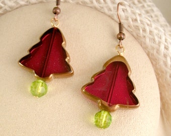 Christmas Tree Red Glass Earrings with Green Crystal glass Bicone Bead