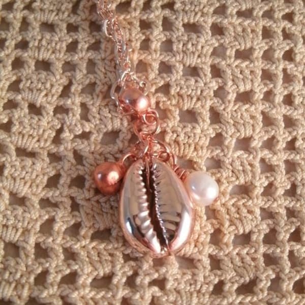 Rose Gold Electroplated Cowrie Shell Necklace with a Fresh Water Pearl and tiny Real copper ball charm Wire wrapped bail with Rose Gold wire