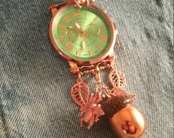 Upcycled Large Rose Gold tone working Analog Watch Necklace with Coppertone real acorn hat rose gold Bees and leaves wire wrapped bail