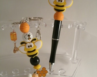 Beaded Bee Ink pen with Bee keychain mirror clip Both items for one great price Silicone focal bees