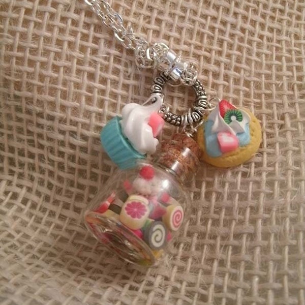 Miniature Cookie Cupcake Necklace with filled polymer faux candy bottle 4ml glass vial Necklace on 24 inch Link chain Unedible Yummy Style