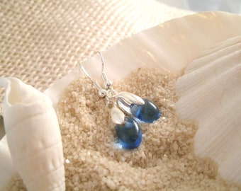 Blue Glass Mermaid Tears Petite  Earrings has Beautiful Sterling Silver Pinch Mount Sterling Silver wires with Capri blue glass Luster drops