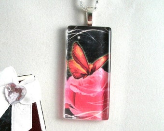 Butterfly Glass  Necklace in matching Handmade Restyled Vintage Gift Box