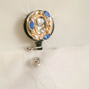 ID Badge Holder Repurposed Gold Watch Crystal Glass Rhinestone Swivel Retractable Reel ID Badge holder with snap holder strap