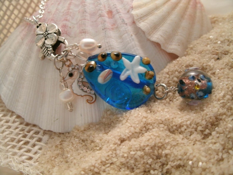 Blue glass Sea Star Sea Life lampwork Necklace round Lampwork dangle bead Rhinestone enamel Sea Horse and Fresh Water pearls