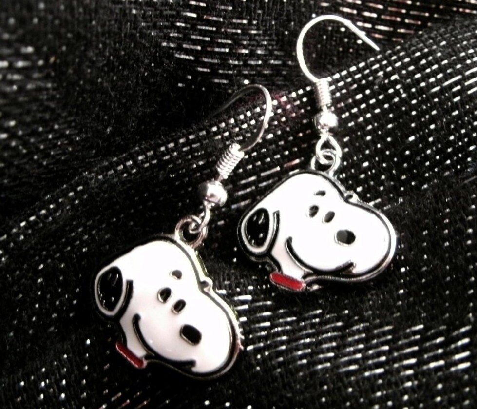 Dog Earrings Snoopy Style Charm on Sterling Silver Wires
