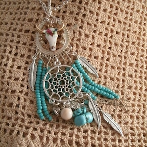 Bison Bull Enamel gold plated skull silver plated dreamcatcher pendant with vintage jewelry silver parts and vintage dangle beads