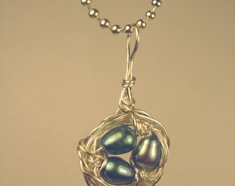 Bird nest Necklace with 3 Fresh Water Blue Pearl