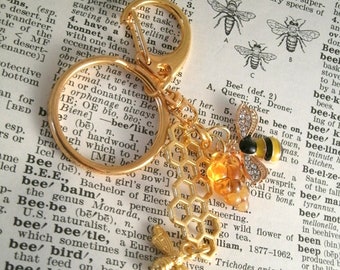 Golden Honey Bee Charmer cluster Clip  Key ring with golden honey comb charm mirror purse or bag clip