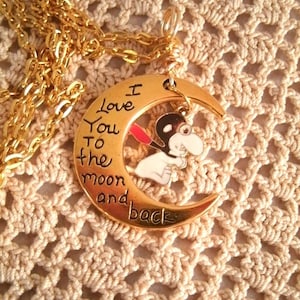 Vintage New Flying Ace Beagle dog Gold Necklace Love you to the moon and back gold plated charm  Gold plated chain wire wrapped