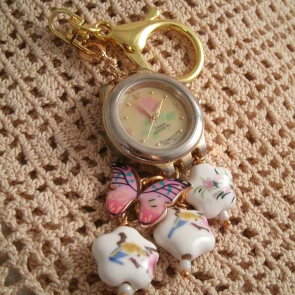 Ceramic Bead bag Vintage Wire Wrapped watch clip  Pink Butterfly Charm Mirror clip Purse clip on working vintage watch clip