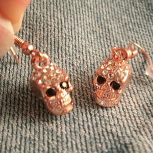 Rose Gold Earrings Rhinestone Tiny Skull with 18k gold plated wires
