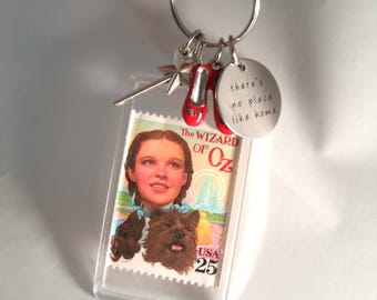 Wizard of Oz vintage unused stamp key clip chain from the 1990s  red shoes, magic wand No place like home text charm